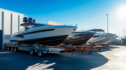 A row of boats are parked in a lot