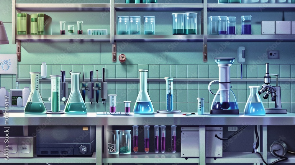 Poster a laboratory countertop showcases an array of colorful solutions in glassware as the atmosphere buzz