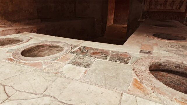 Thermopolium of Vetutius Placidus, Pompeii, Naples, Campania, Italy, an ancient Roman city buried by Vesuvius in 79 AD