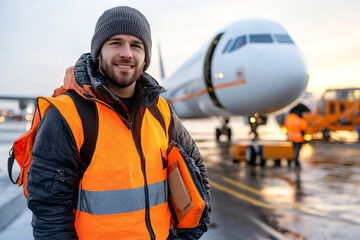 An airport worker sports a beanie and orange safety vest, standing confidently and joyfully before a plane on the tarmac on a clear day, ready for action.