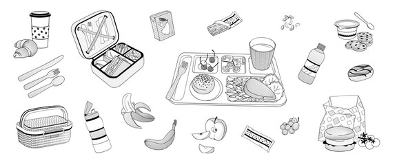 school cantine nutrition set, food tray, lunchbox, burger, fruits, drinks, snacks