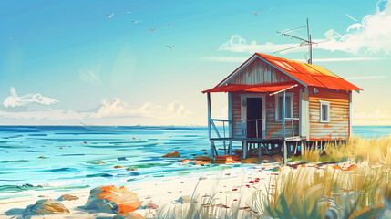 Obraz premium Coastal Cabin with Red Roof and Ocean View