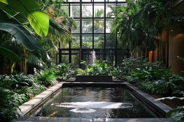 Fototapeta premium A large, open space with a fountain in the center surrounded by plants, generative ai image