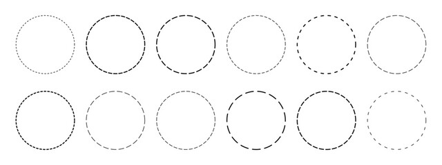 Set of circle shapes with dashed lines. Dotted geometric round figures isolated on white background. Cut here pictograms for coupons or tags. Vector outline illustration.
