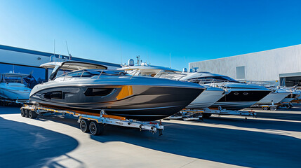A row of boats are parked in a lot
