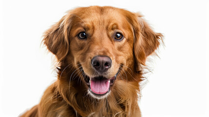 Brown dog with a pink tongue is smiling at the camera