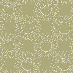 Seamless pattern with cute doodle sunflower. Hand drawn natural autumn elements on green background. Simple boho fall illustration. Line art wallpaper design.
