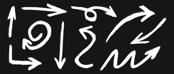 Set of white chalk hand-drawn arrow icons. Crayon pointers in doodle style. Direction signs painted by calk isolated on school blackboard background. Vector realistic illustration.