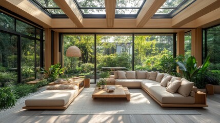 Fototapeta premium Modern Living Room with Natural Light and Lush Greenery