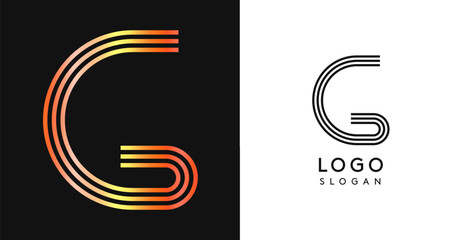 Minimalistic striped letter G, three lines monogram, shiny luxurious metallic gloss color logo for premium brand of jewels, fashion and beauty. Modern retro avant-garde identity. Vector illustration.