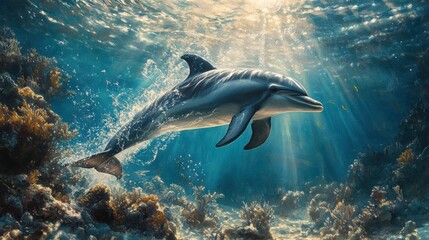 Dolphin Swimming Through Sunlit Ocean