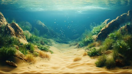 Obraz premium Underwater Seascape with Sunbeams and Fish