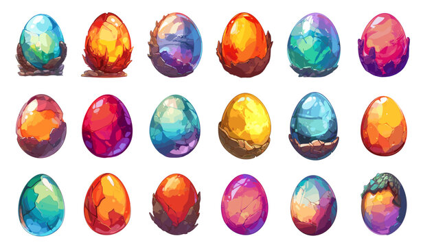 Cartoon dragon eggs. Fantasy magic creature game asset, mythical reptile animal egg with scales set vector illustration
