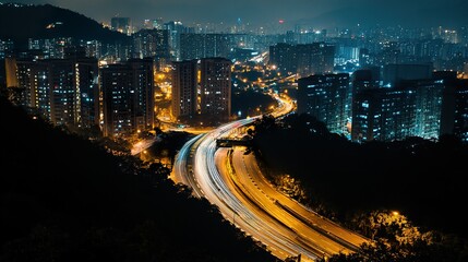 Night Cityscape with Light Trails and Urban Skyline