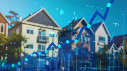 Blue Upward Trend Graph Overlapping Defocused Houses