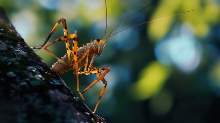 Close-Up of a Cricket on a Tree Branch