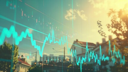 Stock Market Graph Overlaid on a Blurred Residential Neighborhood