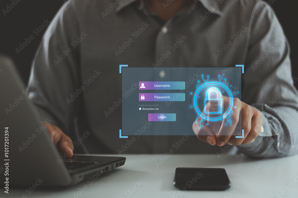 Poster person entering credentials to log in, finger touching lock icon. password and username login page, 