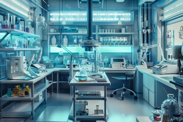 The laboratory features high-tech instruments, colorful glassware, and organized workstations, showcasing a sophisticated research environment. Generative AI