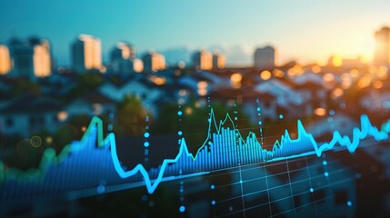 A Close-Up of a Financial Chart Against a Blurred Cityscape Background at Sunset