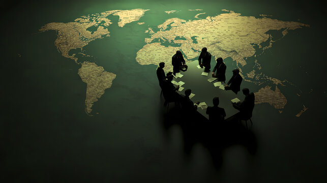 On a giant world map, a meeting is taking place around a table in the dim light. An illustration of decisions and strategic arrangements made in secret by the world's leaders.