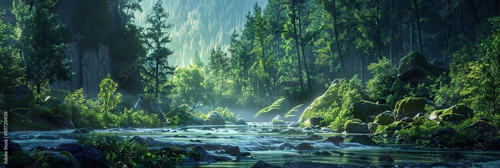 Aufkleber a tranquil river meanders through a dense forest filled with vibrant greenery, illuminated by soft m