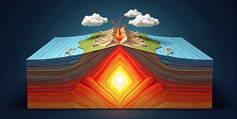 Illustrative depiction of a ground cross-section to explain vulcanism, earth layers and plate tectonics