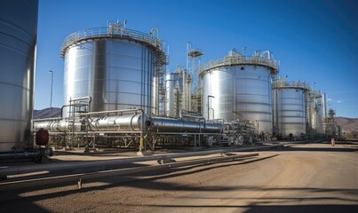 Large steel tanks at a hydrogen power plant located in a desert landscape under a clear blue sky.
