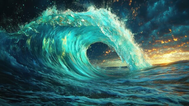 Powerful Ocean Wave Crashing at Sunset