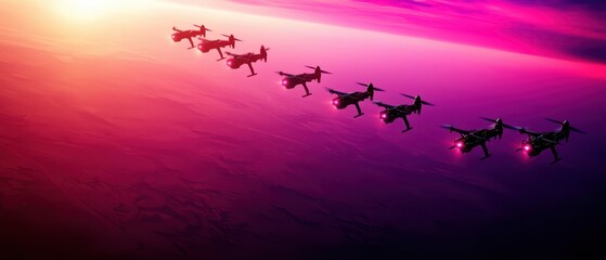 Drones flying in formation against a stunning sunset sky, showcasing innovation and aerial technology.