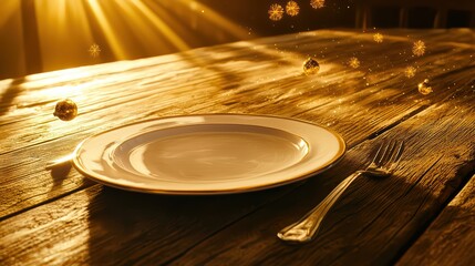 Elegant white plate and silver fork on rustic wooden table, illuminated by warm golden sunlight.