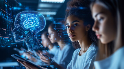 A woman is looking at a computer screen with a blue head