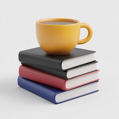 Fototapeta premium 3D Book Stack with Coffee Icon: Literature and Relaxation Illustration Logo
