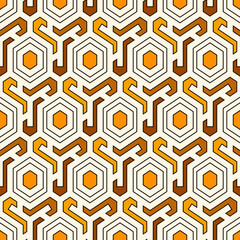 Honeycomb seamless pattern. Hexagon mosaic tiles ornament. Ethnic surface print. Repeated geometric figures background. Ornamental wallpaper. Modern geo design digital paper.