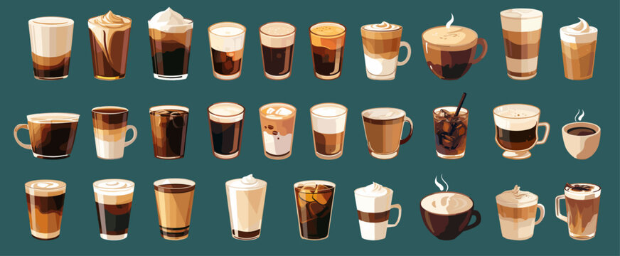 Coffee drinks. Flat hot drink types cappuccino latte espresso frappe glass cup, cafe menu set vector illustration