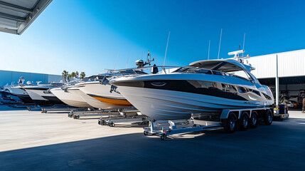 A row of boats are parked in a lot
