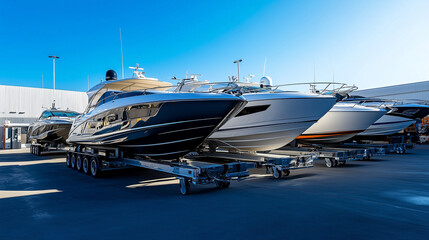 A row of boats are parked in a lot