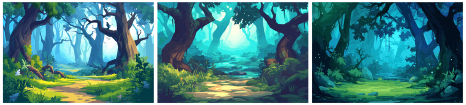 Fototapeta dark forest cartoon background. path in thicket, nature trees stones fog summer mysterious enigmatic landscape vector illustration