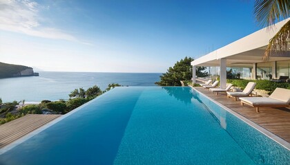 Fototapeta premium Sea view.Luxury modern white beach hotel with swimming pool. Sunbed on sundeck for vacation home or hotel
