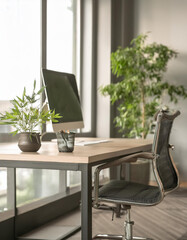 Japandi, minimalist loft interior design of modern office room.