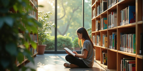 Pupil or student learns highly concentrated in a quiet and modern library for upcoming exams, fun learning and training of concentration skills