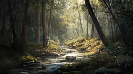 Fototapeta premium Sunlit Forest Stream: Tranquil Woodland Scenery