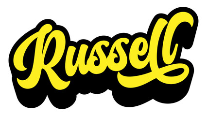 Naklejka premium Given name Russell written in retro groovy three-dimensional script lettering