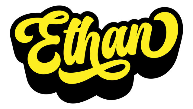 Given name Ethan written in retro groovy three-dimensional script lettering
