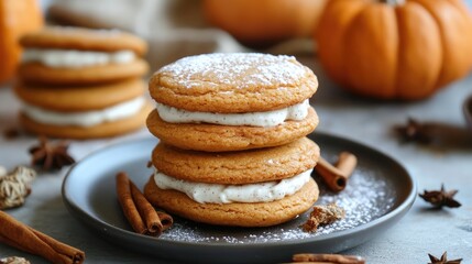 Pumpkin cookies with cream filling and cinnamon flavor
