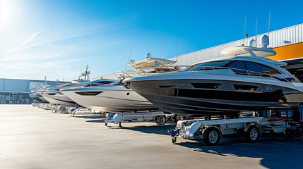 A row of boats are parked in a lot