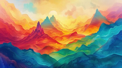 Abstract Watercolor Painting of a Mountain Range with a Sunset Sky