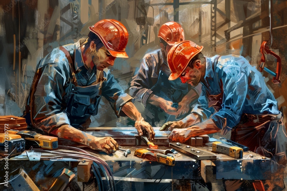 Poster A skilled repair team collaborates at a construction site, utilizing various tools to perform necessary repairs and maintenance tasks. Generative AI
