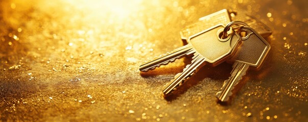 Golden house-shaped keychain on a textured surface with dramatic warm lighting creating a silhouette effect