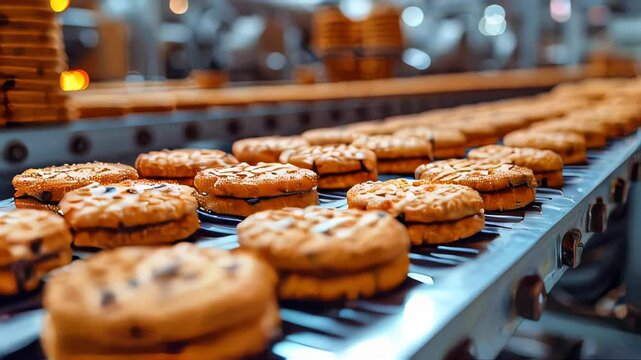 Chocolate chip cookies on a conveyor belt in a bakery factory